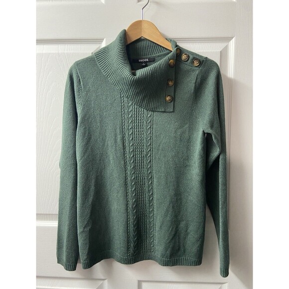 Briggs Sweater Womens Small Green Turtleneck Drop Shoulder Cable Knit Buttons - Picture 2 of 8